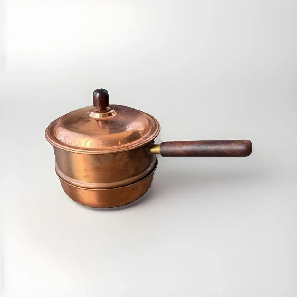 Vintage Bongusto Italy Copper Double Boiler Pan Pot Lid Wood Handle 1834 Patina
